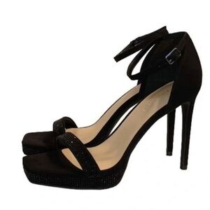 Nine West Black Ankle Strap Suede Rhinestone Heels 7
